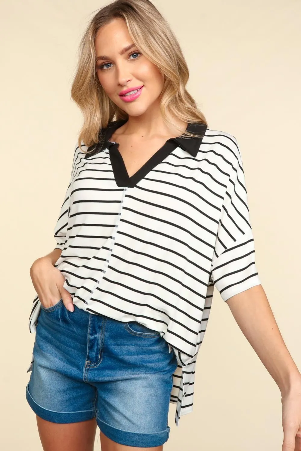 Full Size Striped Dropped Shoulder Half Sleeve T-Shirt