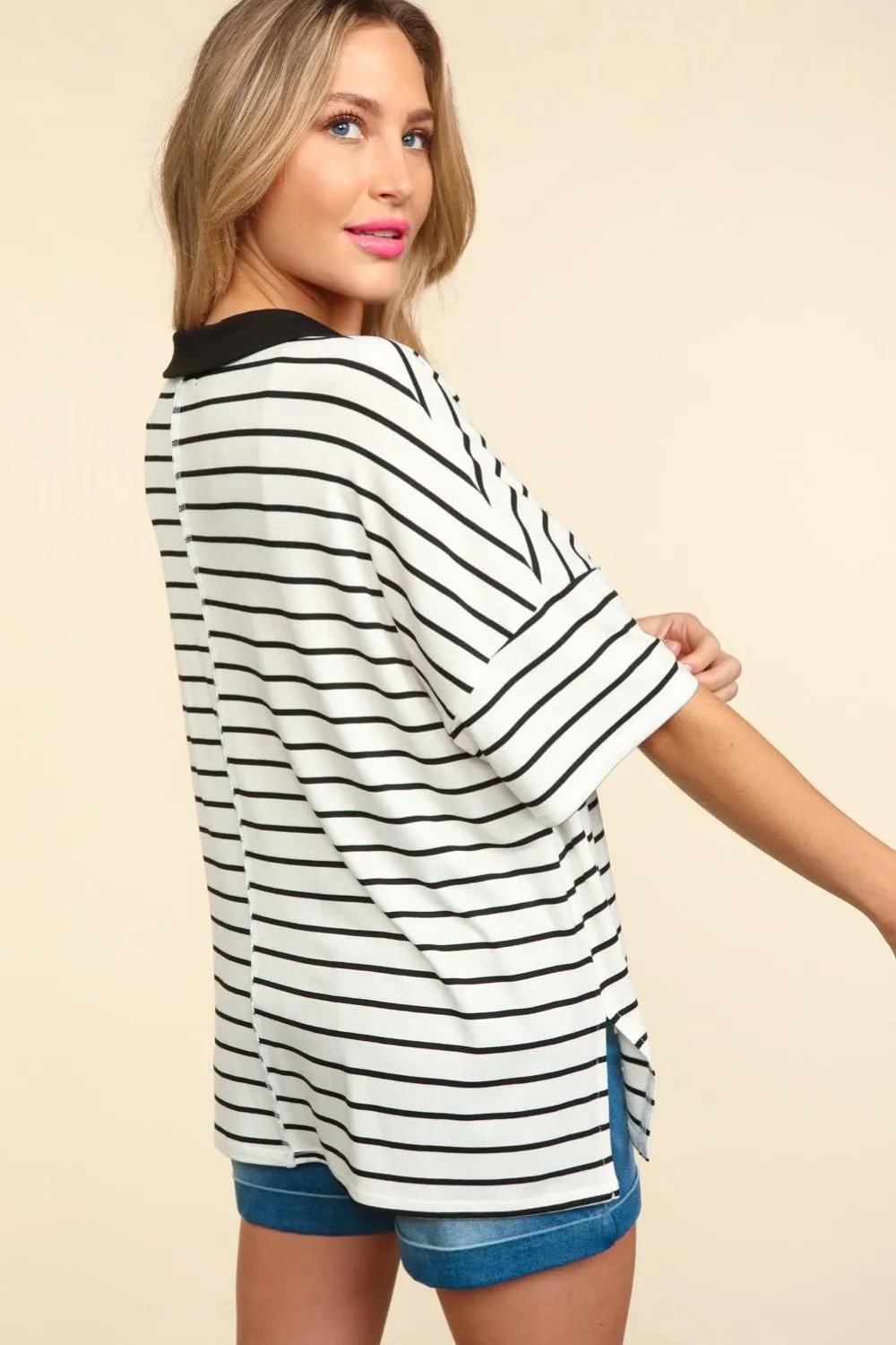 Full Size Striped Dropped Shoulder Half Sleeve T-Shirt