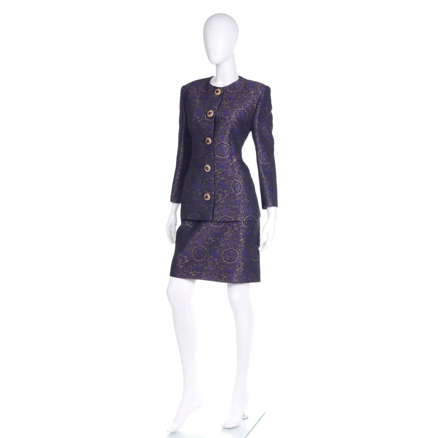 Genny Italy Vintage Purple Jacquard Jacket & Skirt Suit