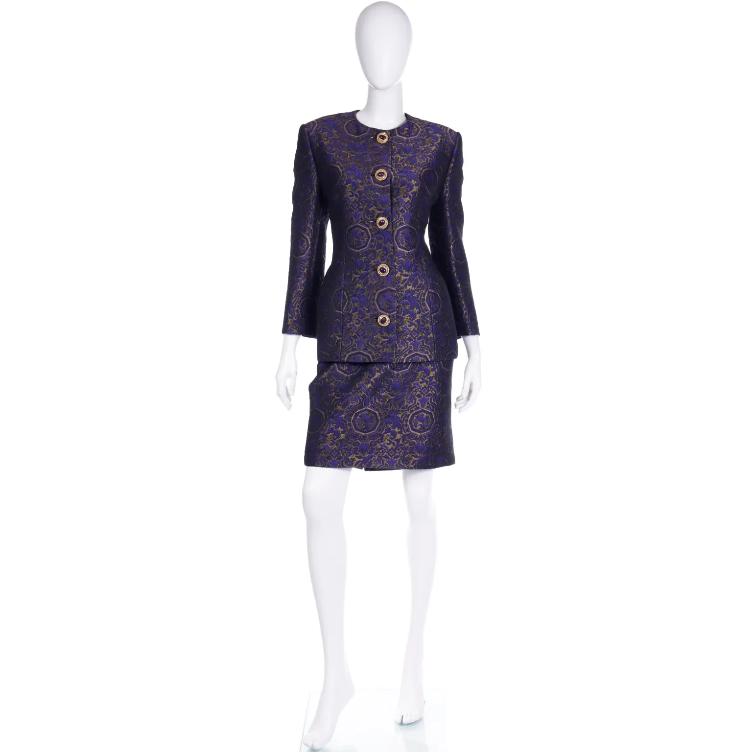 Genny Italy Vintage Purple Jacquard Jacket & Skirt Suit