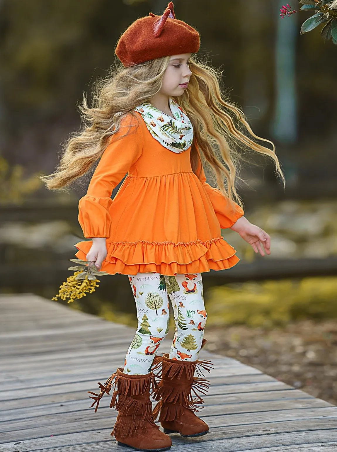 Girls 3/4 Sleeve Double Ruffle Orange Tunic, Leggings and Scarf Set