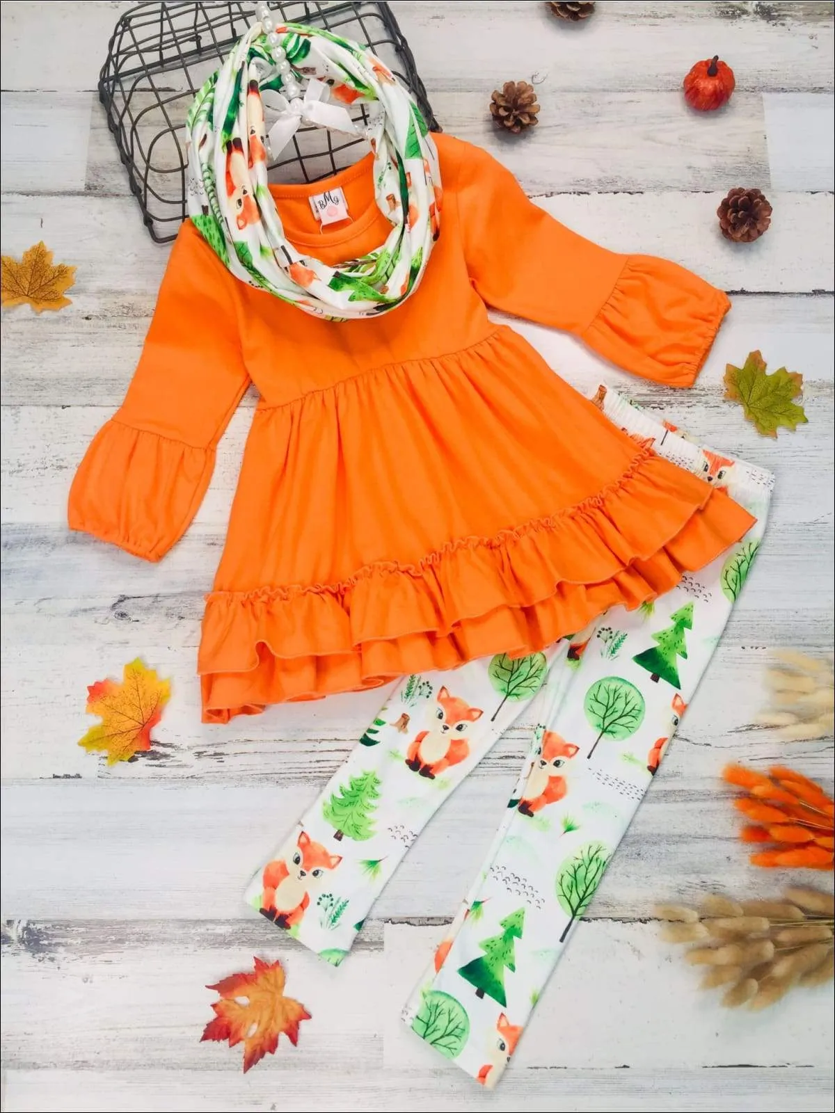 Girls 3/4 Sleeve Double Ruffle Orange Tunic, Leggings and Scarf Set