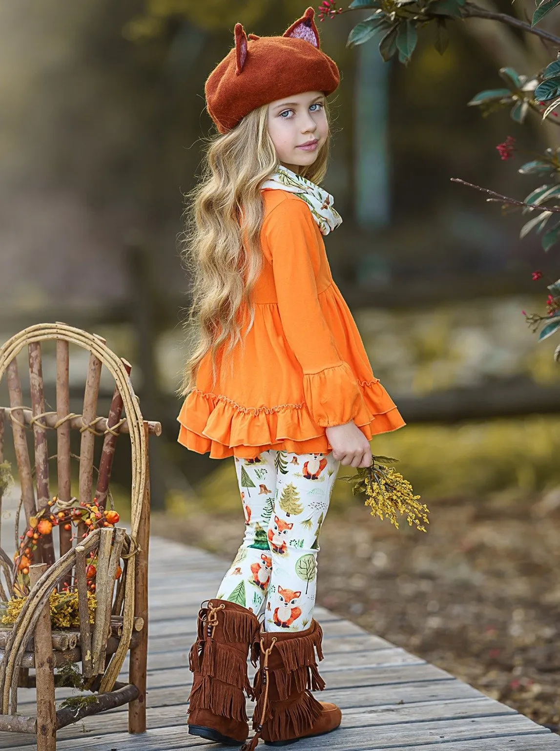 Girls 3/4 Sleeve Double Ruffle Orange Tunic, Leggings and Scarf Set