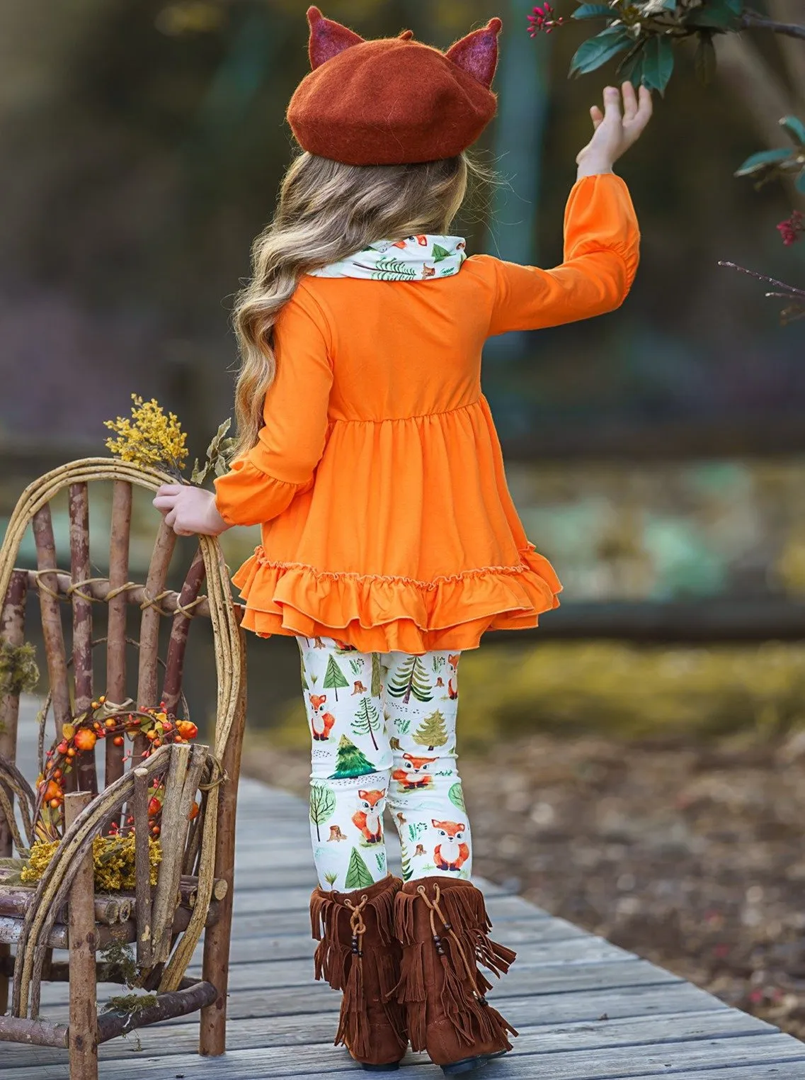 Girls 3/4 Sleeve Double Ruffle Orange Tunic, Leggings and Scarf Set