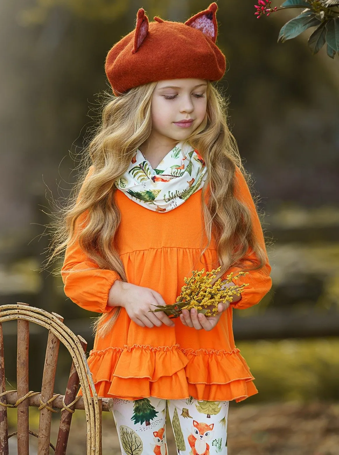 Girls 3/4 Sleeve Double Ruffle Orange Tunic, Leggings and Scarf Set