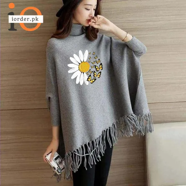 Grey Daisy Flower Printed Poncho