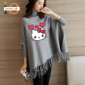 Grey Kitty Printed Poncho