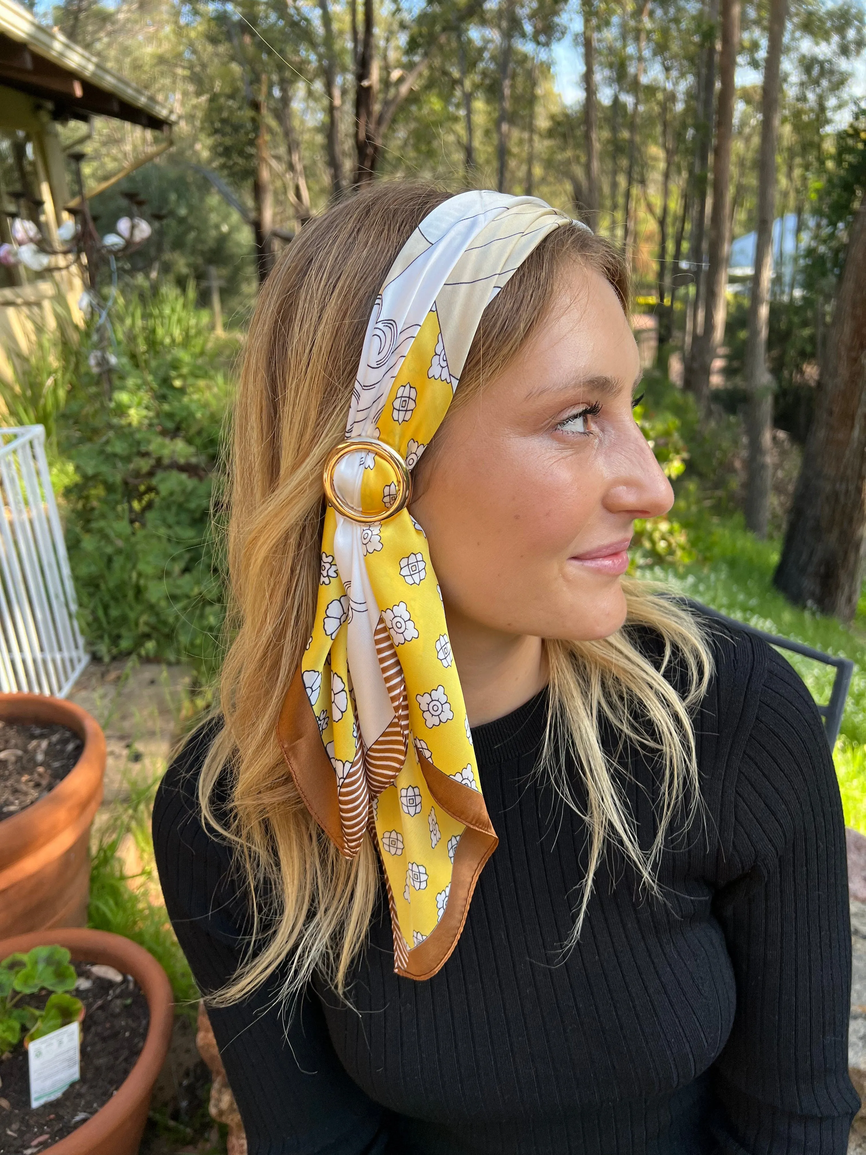 Head Scarf - Neckerchief - Yellow Bronze Floral