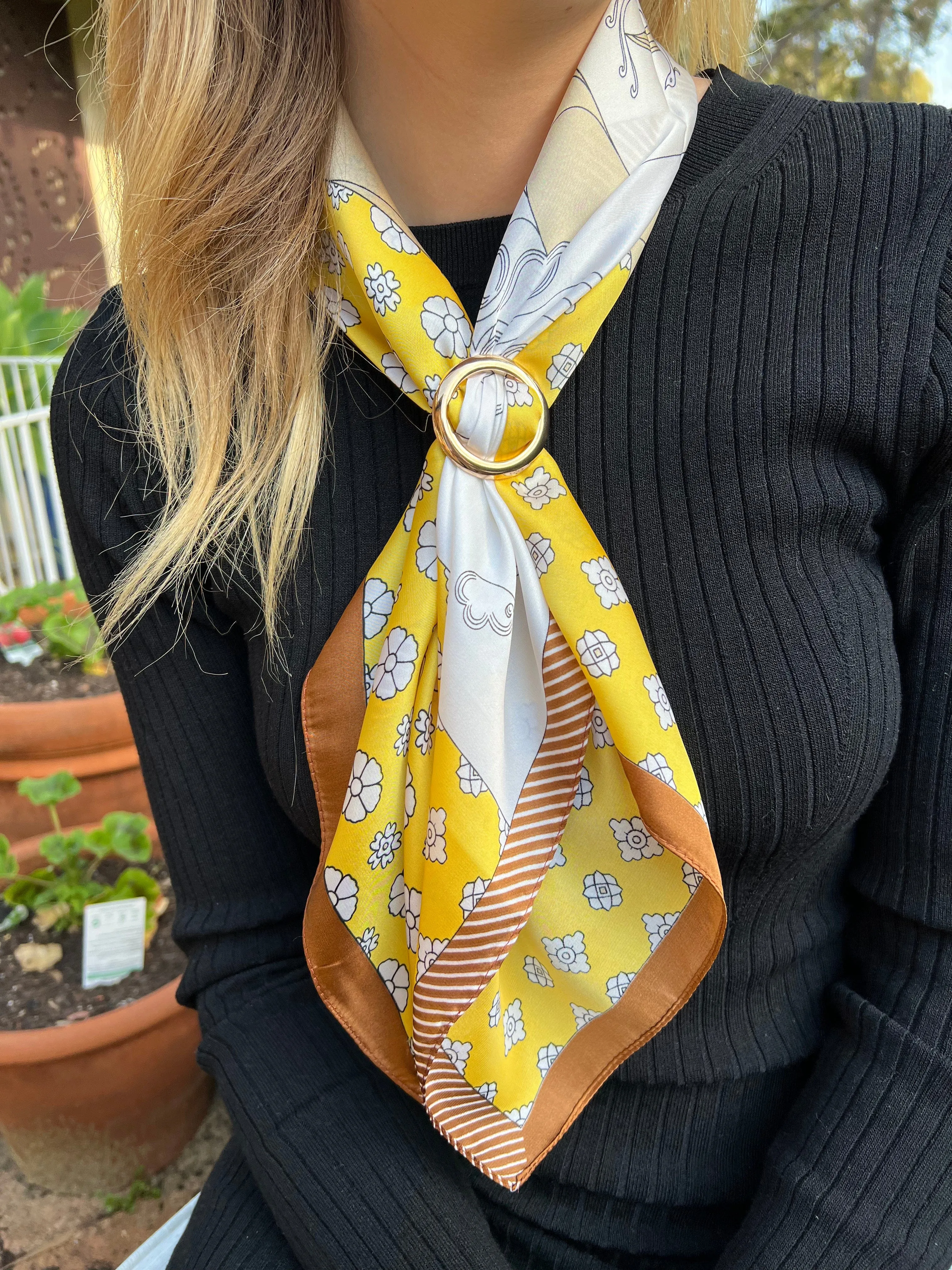 Head Scarf - Neckerchief - Yellow Bronze Floral