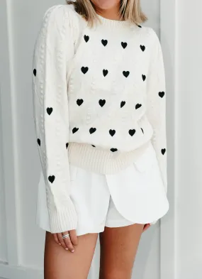 Heart Embroidery Sweater - Ivory/Black