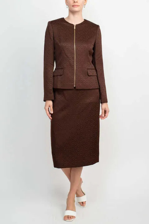 John Meyer Collection Crew Neck Long Sleeve Zipper Front Pencil Skirt Slit Back Jacquard Skirt Set