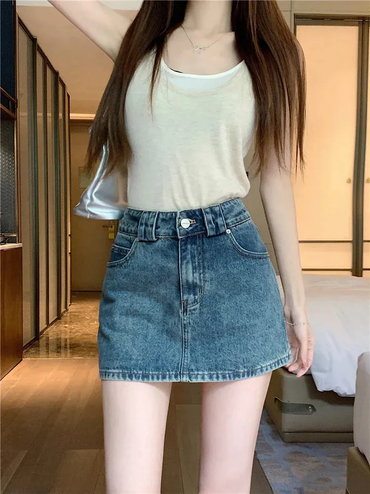 Korean Vintage Summer Casual High Pockets Street Denim Waist Skirt