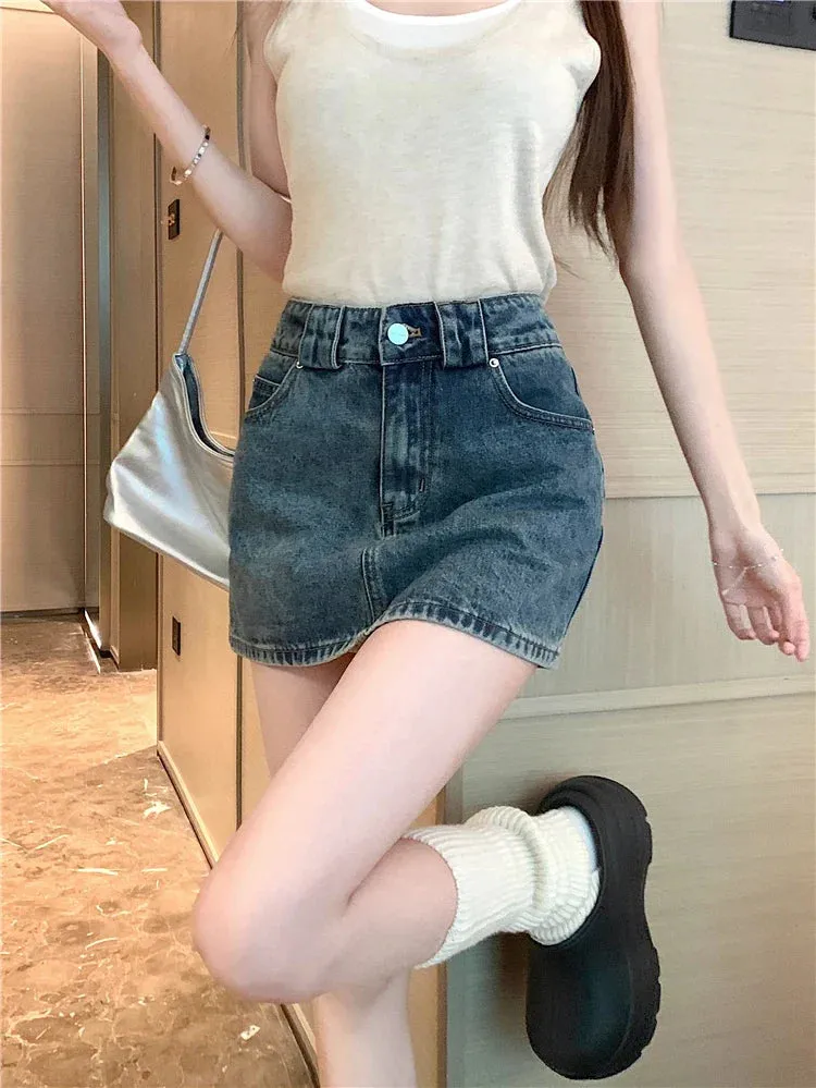 Korean Vintage Summer Casual High Pockets Street Denim Waist Skirt