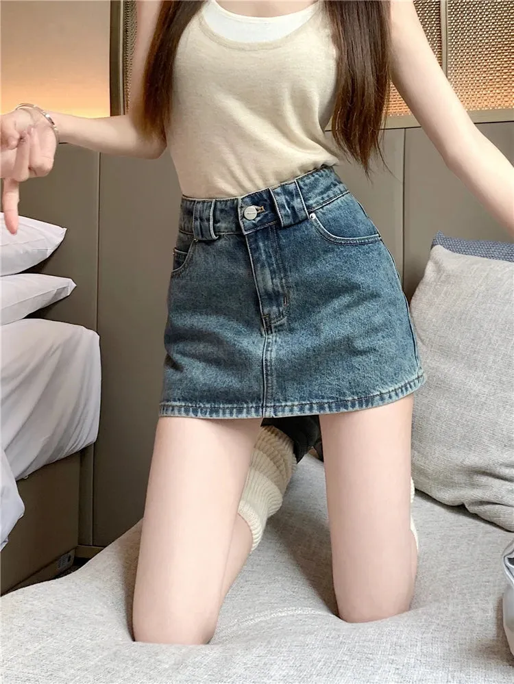 Korean Vintage Summer Casual High Pockets Street Denim Waist Skirt