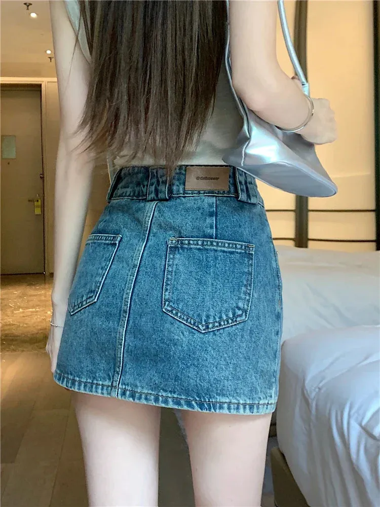 Korean Vintage Summer Casual High Pockets Street Denim Waist Skirt