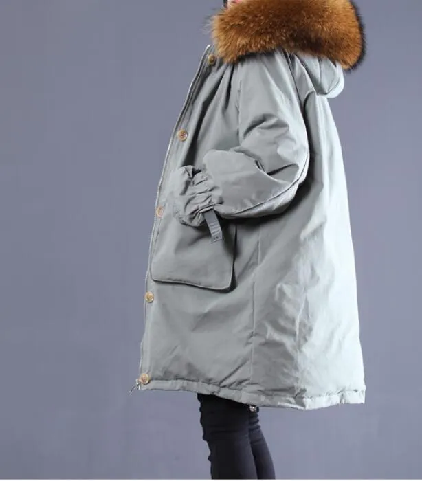 Large Fur Loose Plus size Side Pockets Hooded  Down Jacket Women Down Coats