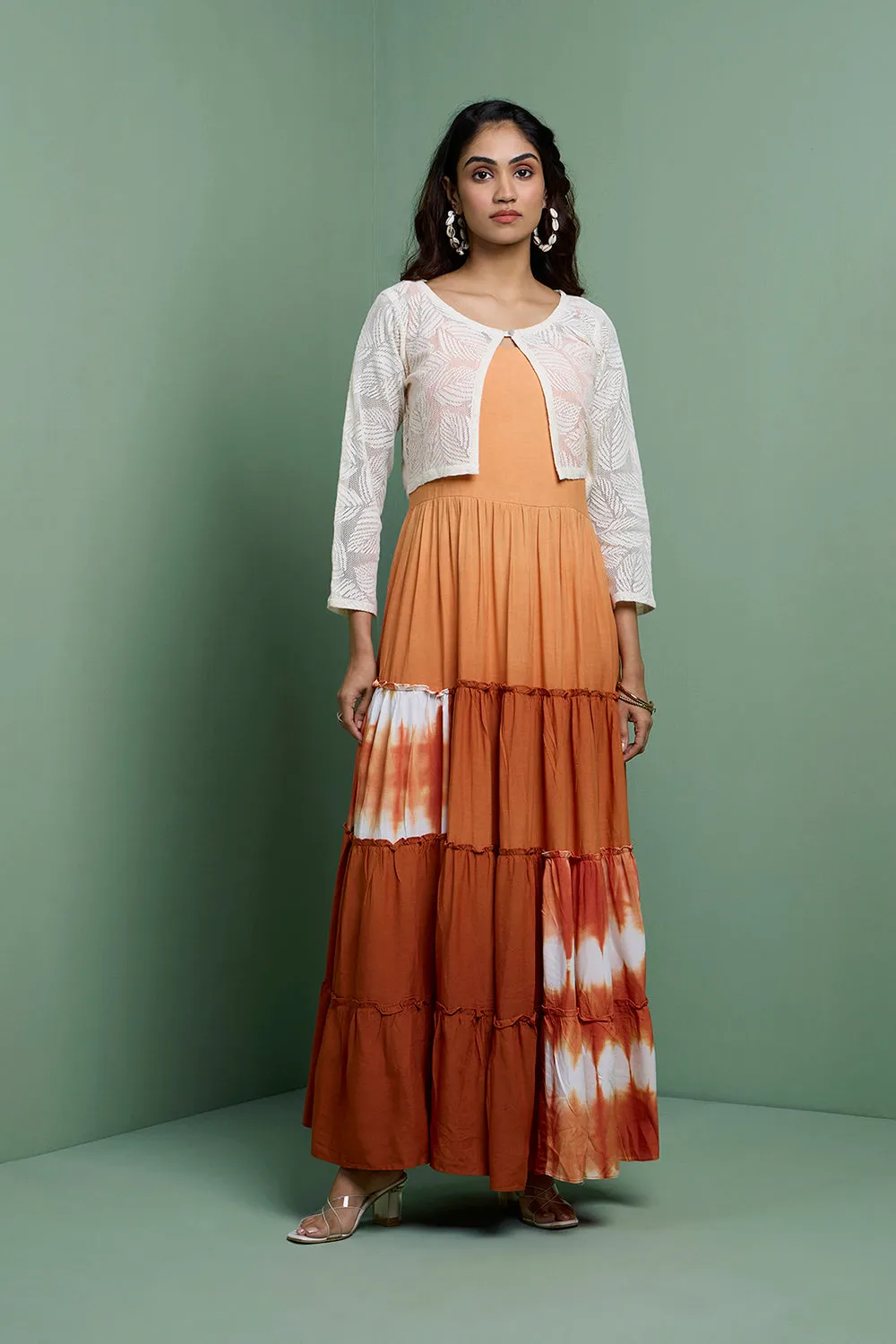 LEHER - Rust Ombre Tiered Gown With Knit Jacket