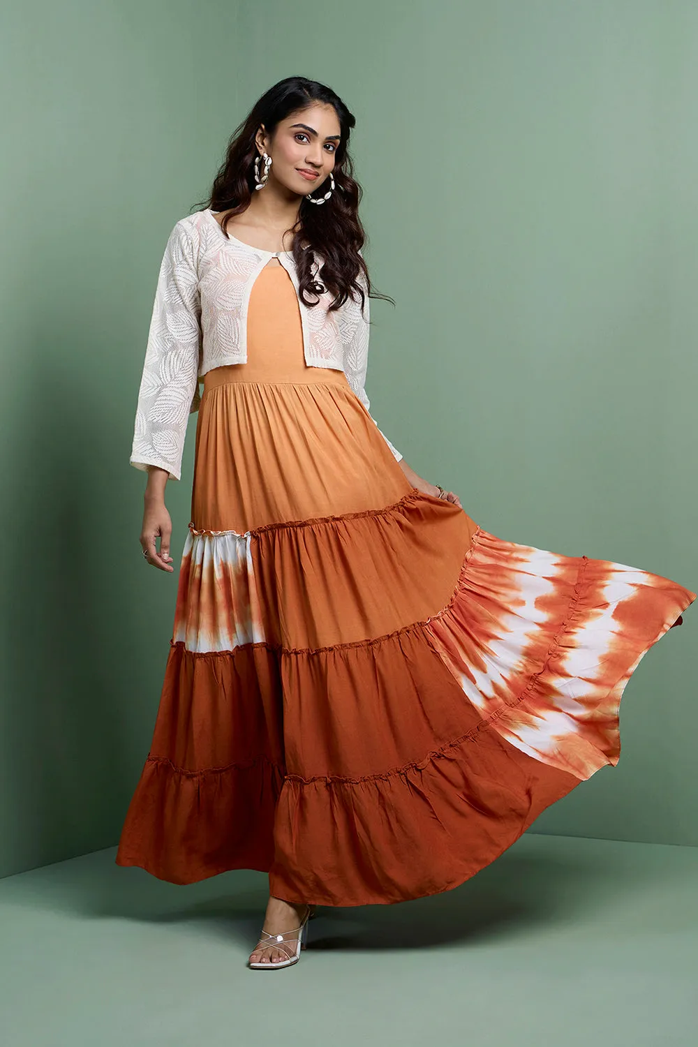 LEHER - Rust Ombre Tiered Gown With Knit Jacket