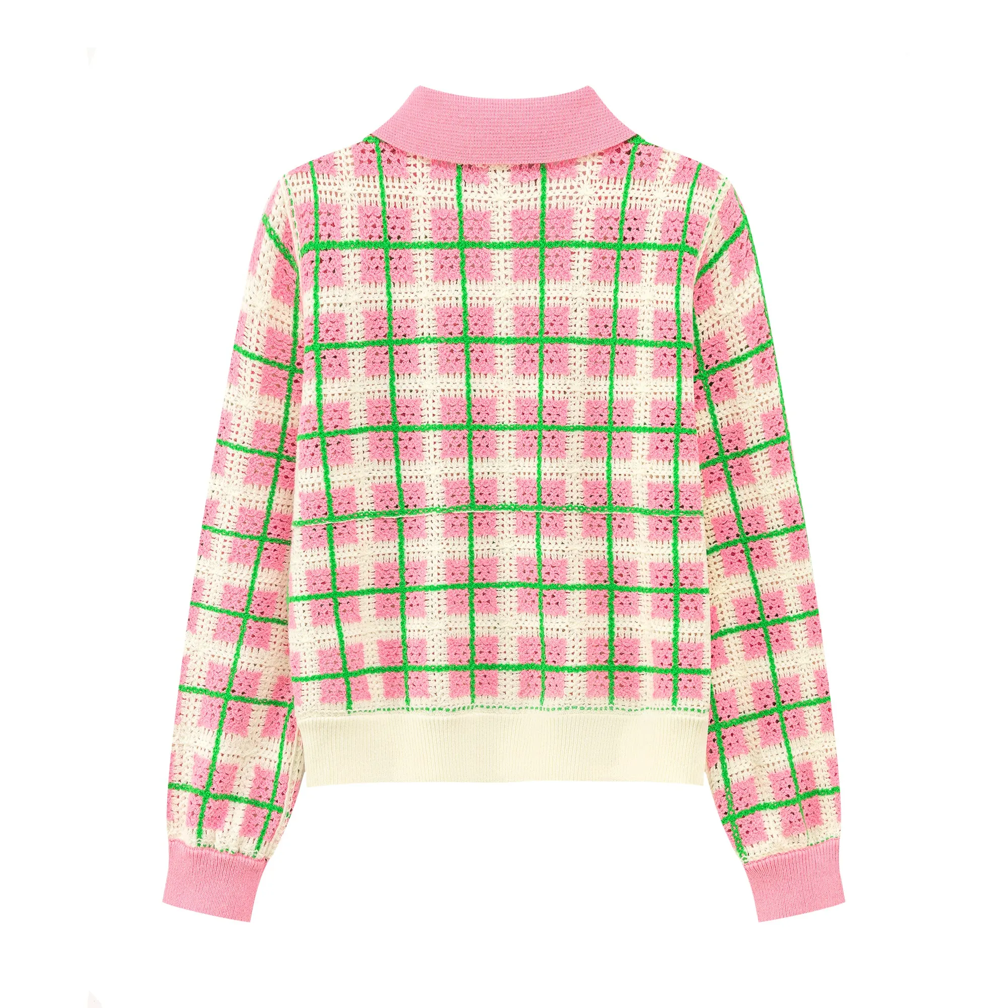 Lovely Check Crochet Polo Sweater