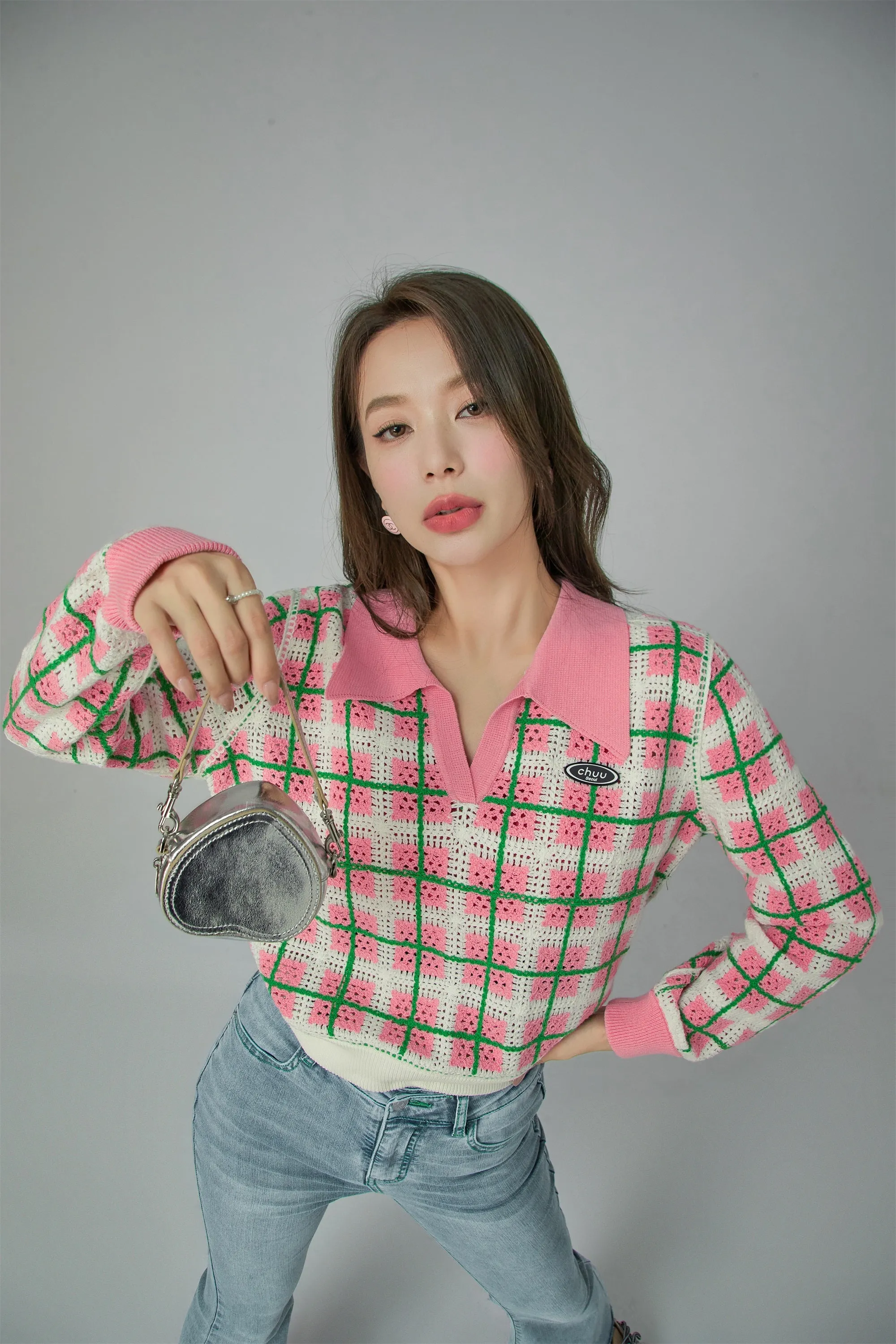 Lovely Check Crochet Polo Sweater