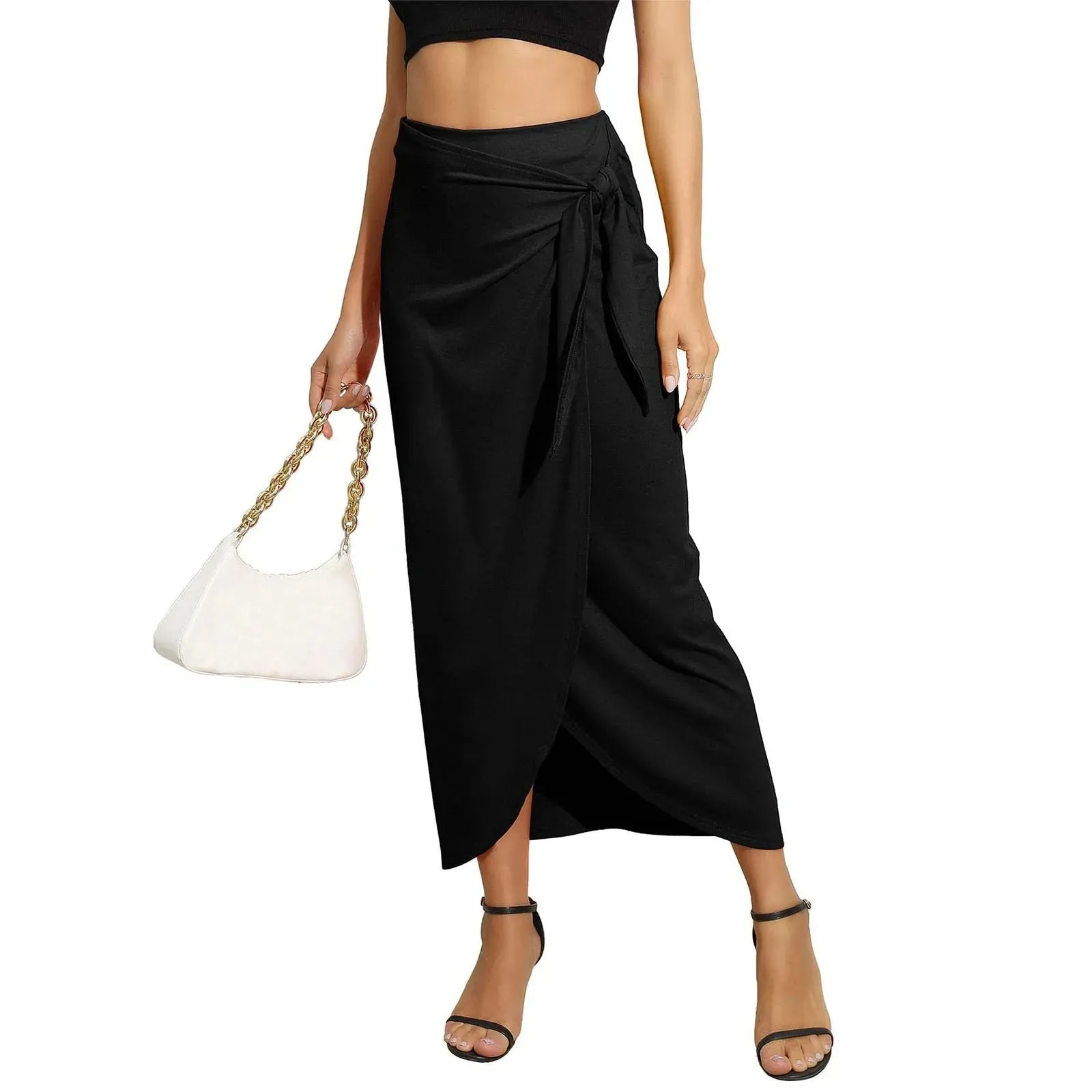 Maxi Wrap Pencil Slim Boho Draped Front Chiffon Women’s Skirt