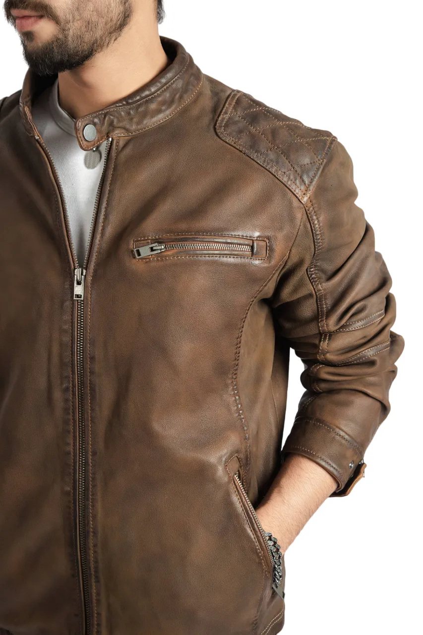 Mens Fashion Biker Brown Leather Superior Quality Jacket –ELM8