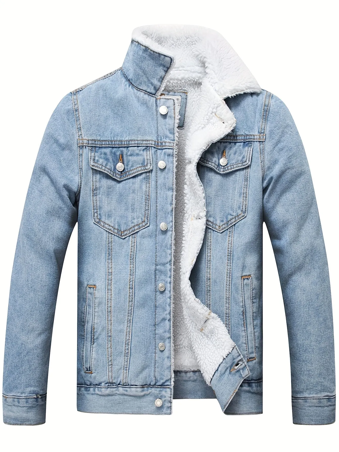 Men's Fleece Lined Denim Jacket Casual Winter Warm Button Down Trucker Jacket Coat with Pockets