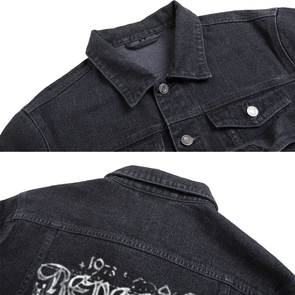 Mens Motorcycle Graphic Button Up Denim Jacket