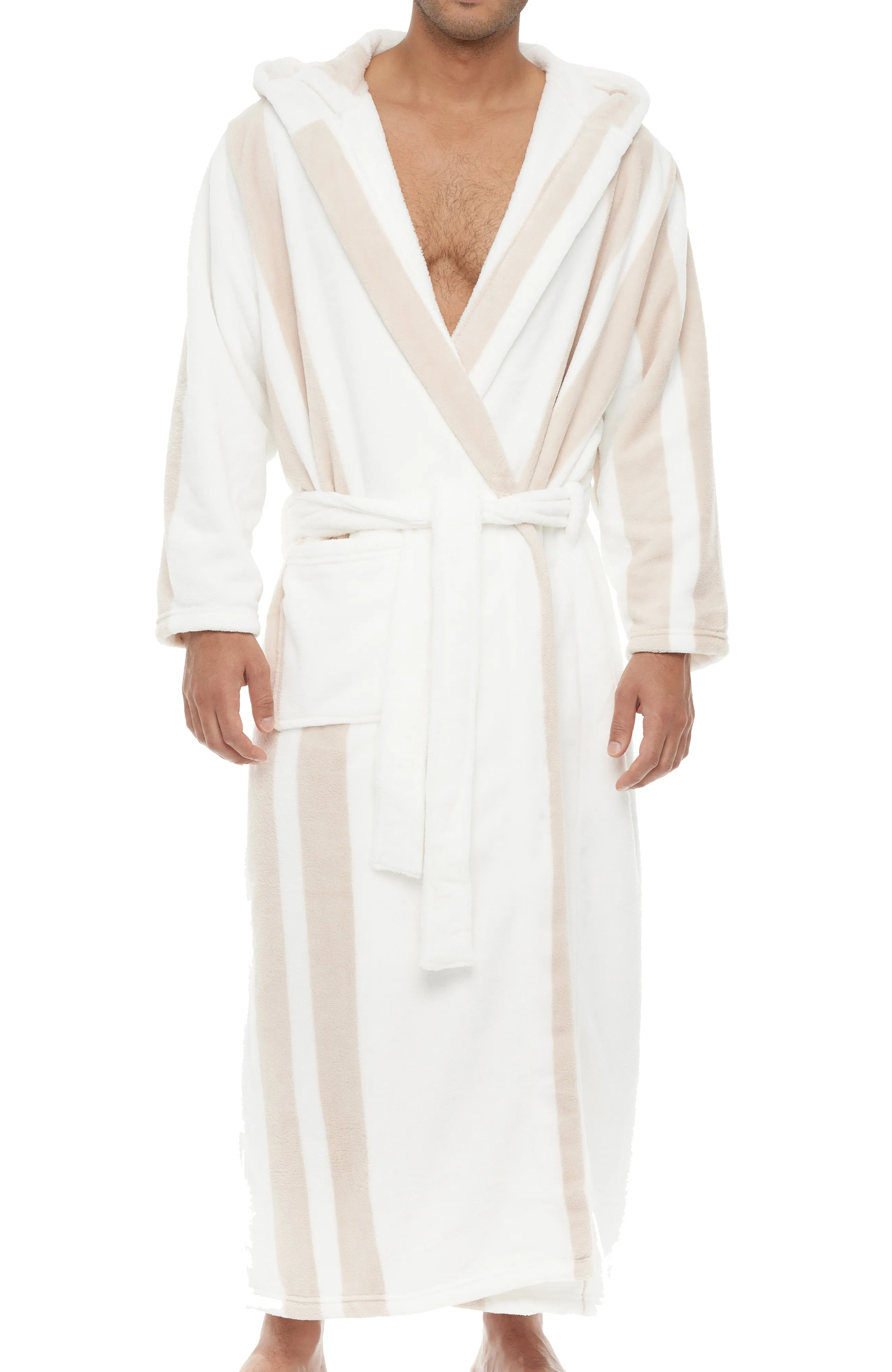 Men's Plush Fleece Hooded Bathrobe, Full Length Long Warm Lounge Robe with Hood Sport Stripe XL (A0125W95XL)