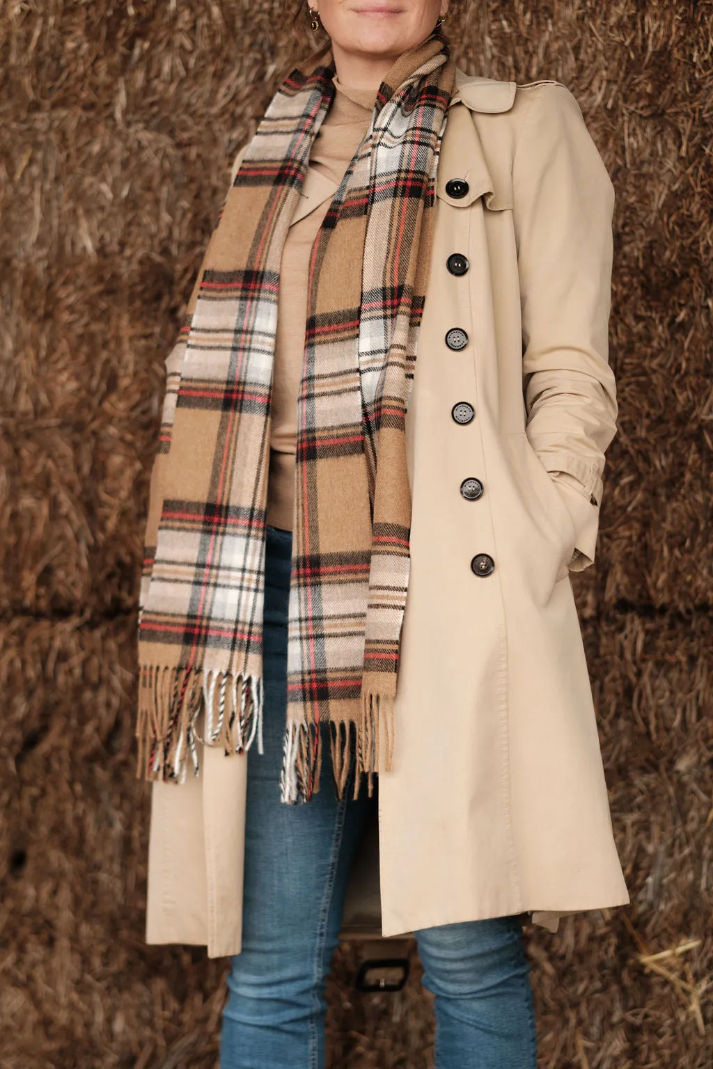 Merino Wool Oversize Tartan Scarf | Camel Stewart