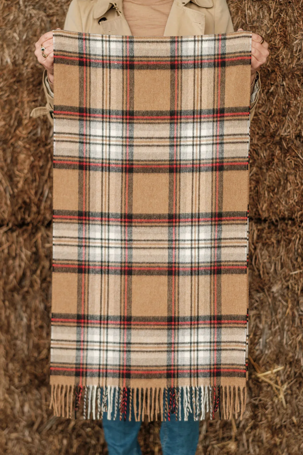 Merino Wool Oversize Tartan Scarf | Camel Stewart