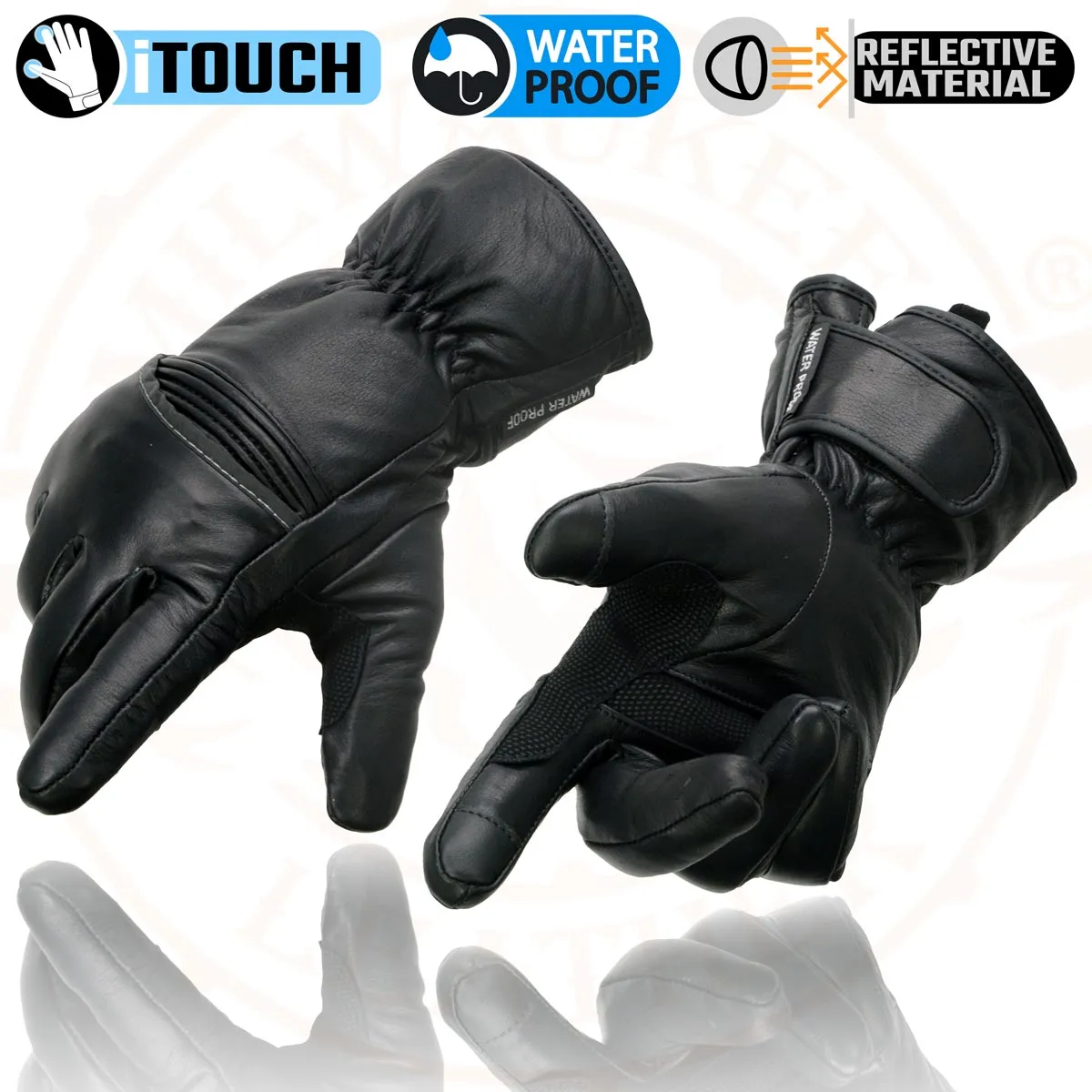 Milwaukee Leather MG7551 Men's Black Cowhide Leather Gauntlet Motorcycle Hand Gloves W/ i-Touch Screen and Waterproof