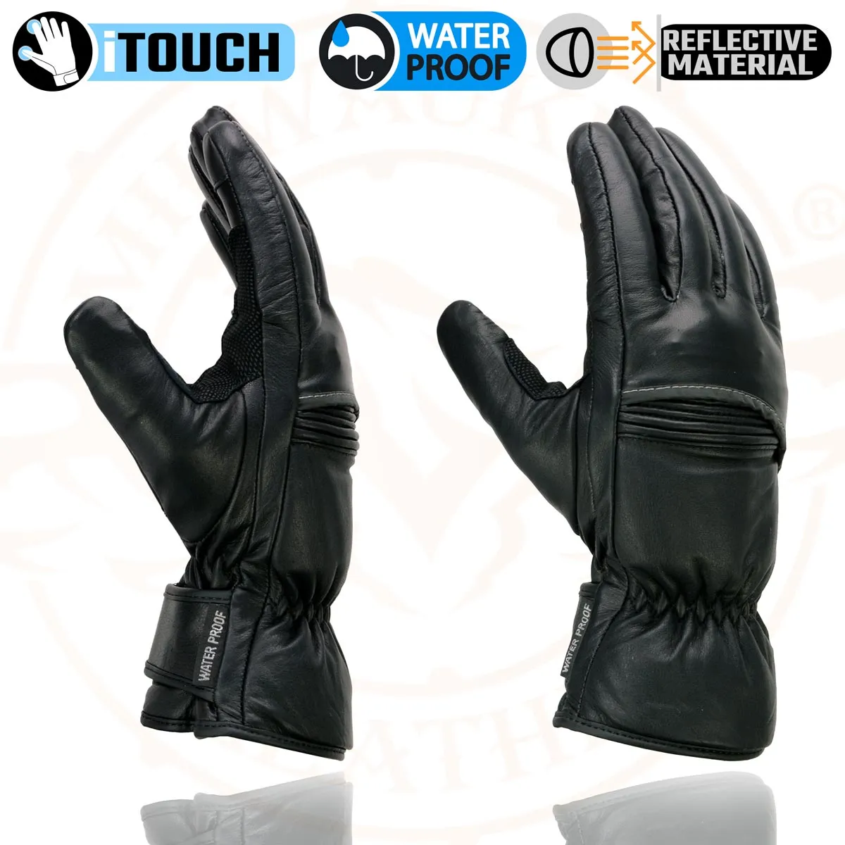 Milwaukee Leather MG7551 Men's Black Cowhide Leather Gauntlet Motorcycle Hand Gloves W/ i-Touch Screen and Waterproof