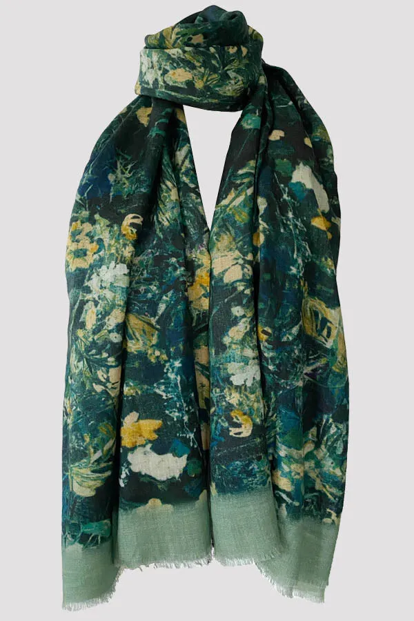 Nasturtium Tangle Teal Wool Silk Scarf