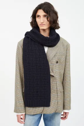 Navy Cashmere H Knit Intarsia Scarf