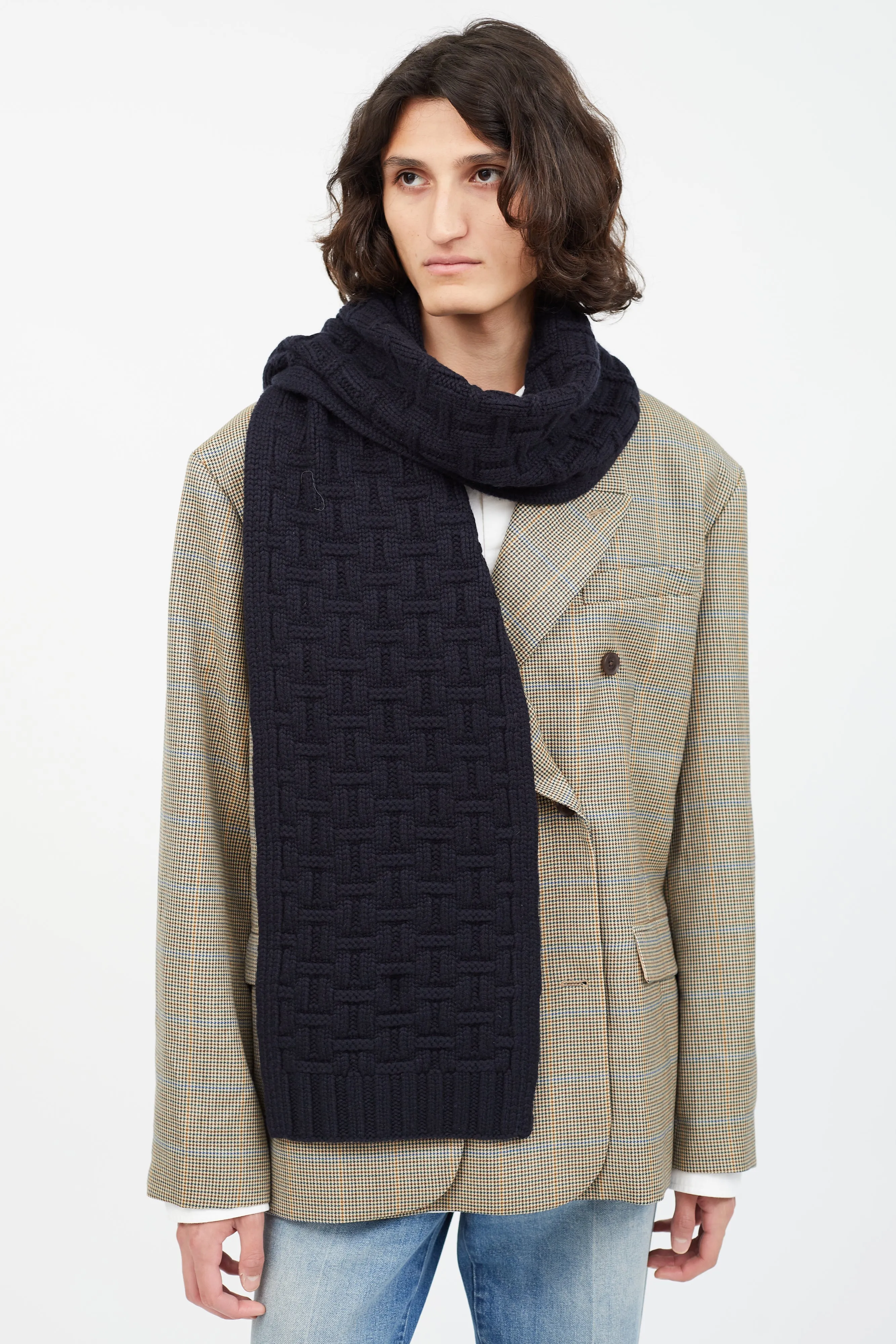 Navy Cashmere H Knit Intarsia Scarf