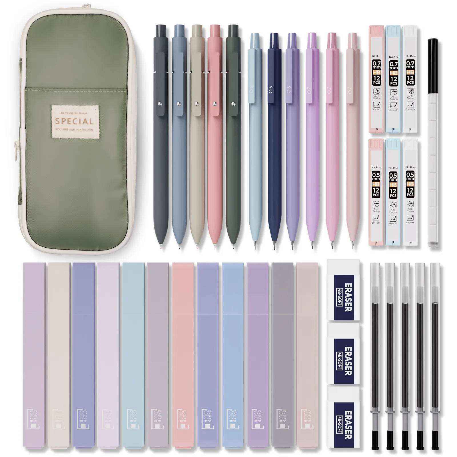 Nicpro 39 PCS Aesthetic School Supplies with Big Capacity Pen Case, 12 Colors Chisel Tip Cute Highlighters, 5 Quick Dry Retractable Black Ink Pens, 6 Pastel Mechanical Pencil 0.5 & 0.7 mm for Students