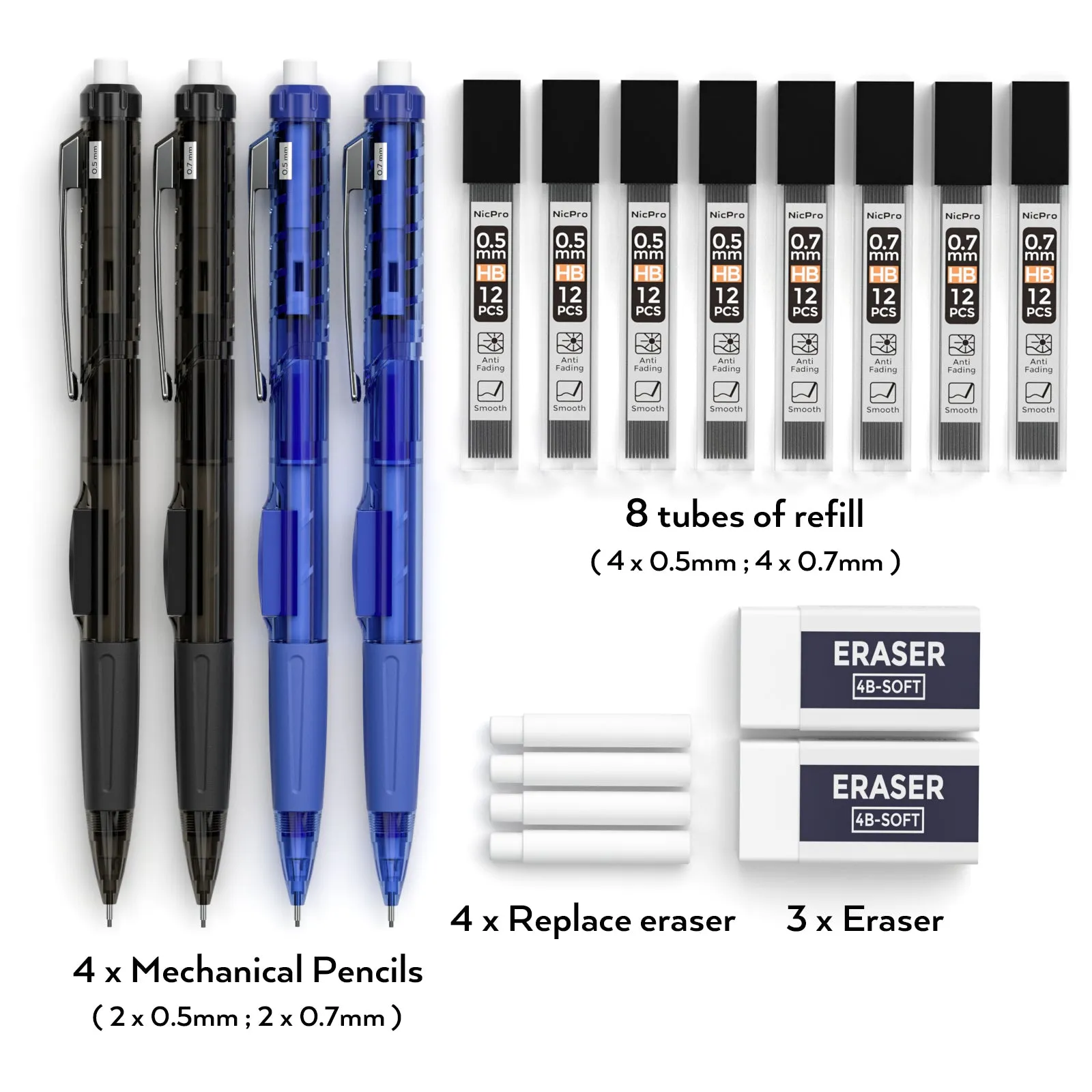 Nicpro 4 PCS Mechanical Pencil Set 0.5 & 0.7 mm with Case for School, Side Click Lead Pencil with 8 tubes HB Lead Refills, 2 Eraser, 4 Eraser Refills For Student Writing, Drawing, Sketching