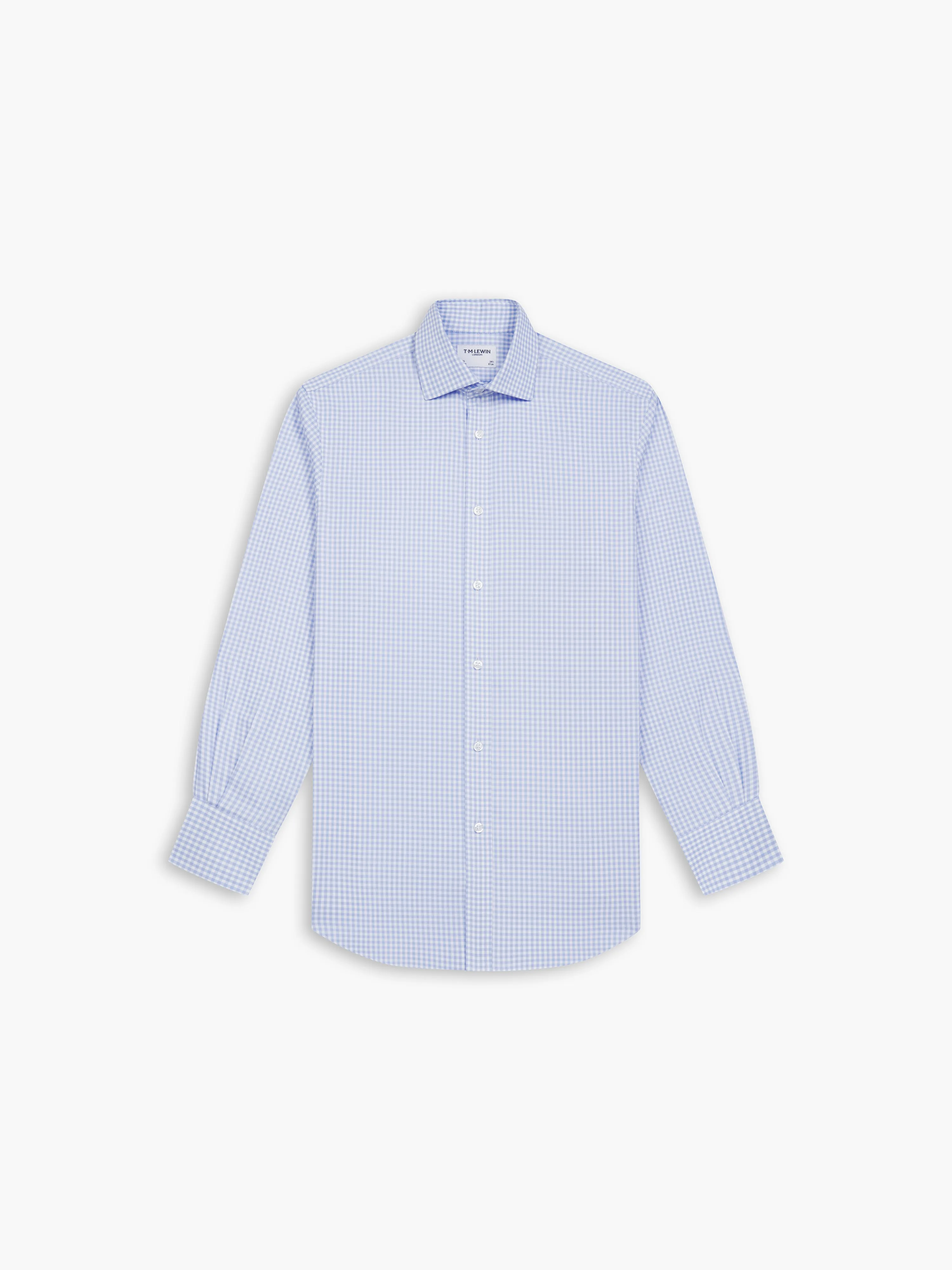 Non-Iron Light Blue Gingham Twill Regular Fit Single Cuff Classic Collar Shirt