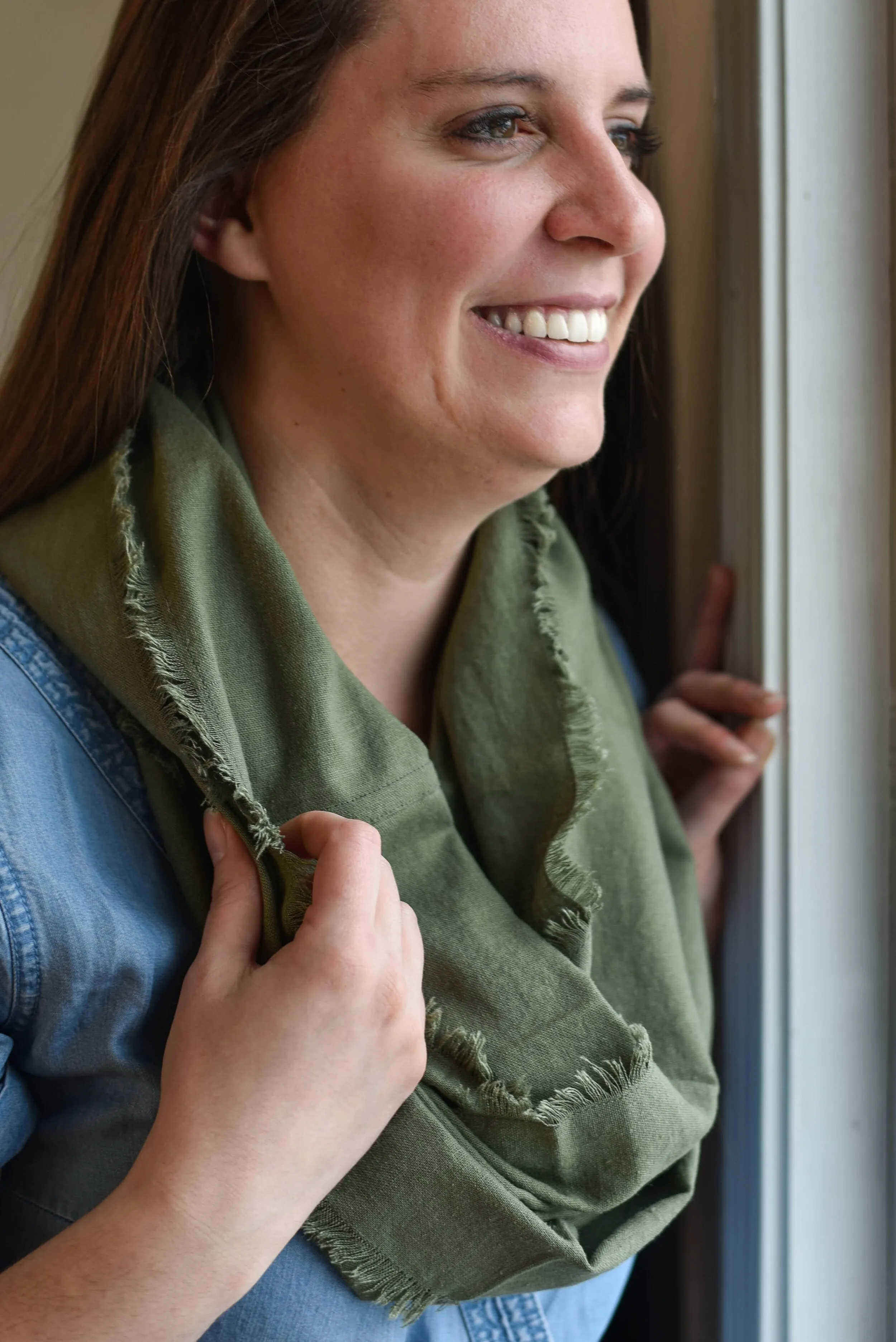 Olive Green Linen Infinity Scarf