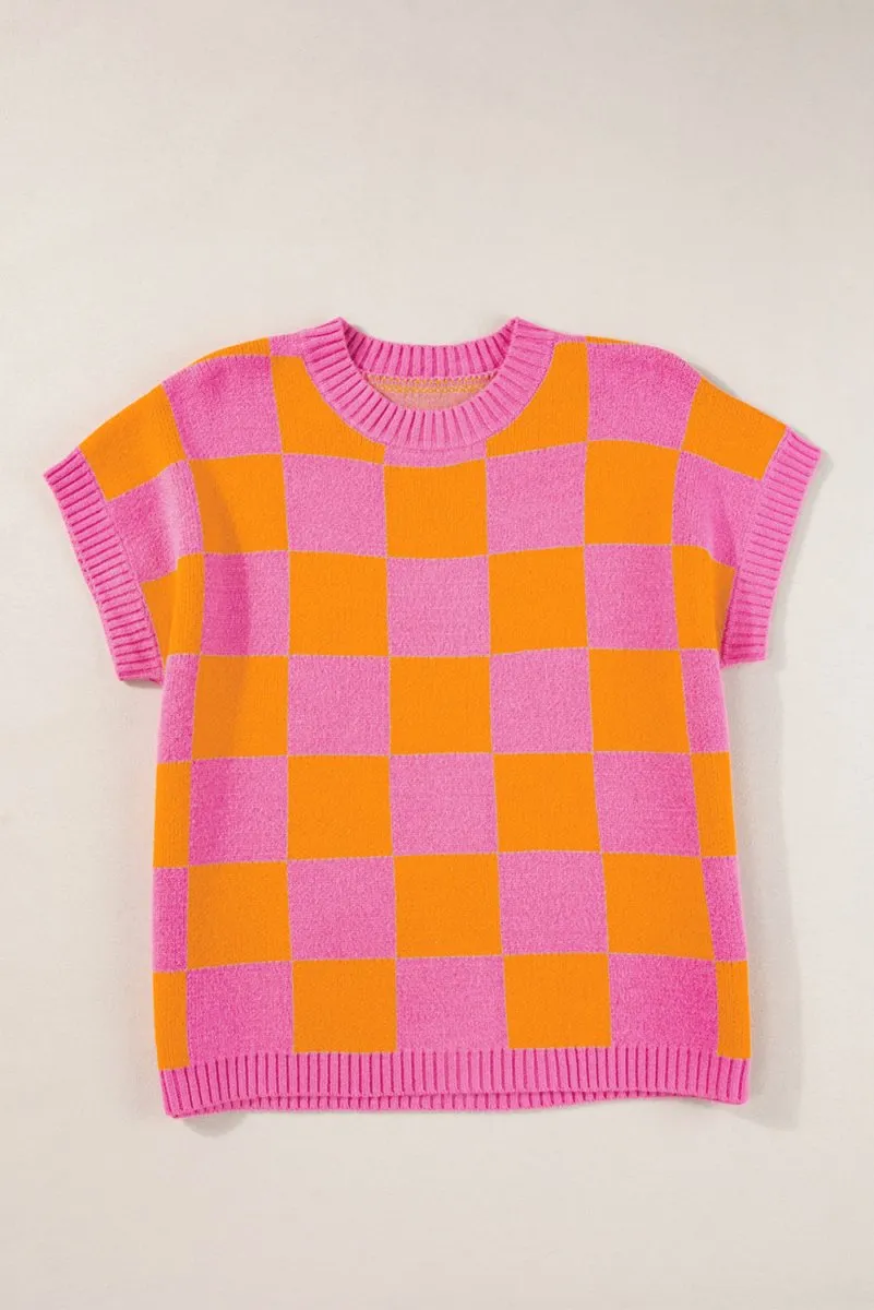 Pink and Orange Checkered Sweater Tank Top