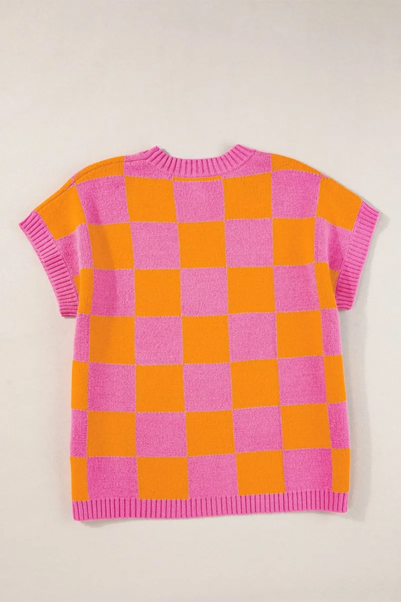 Pink and Orange Checkered Sweater Tank Top