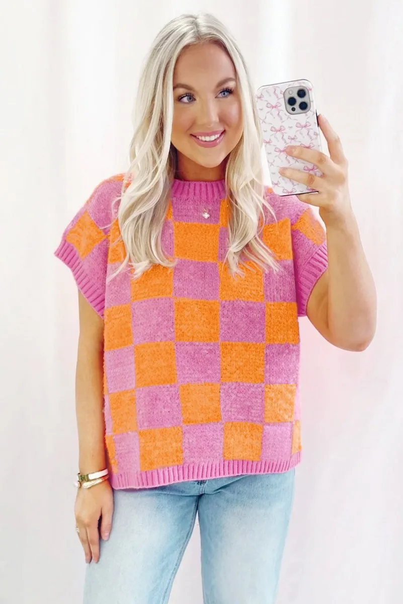 Pink and Orange Checkered Sweater Tank Top