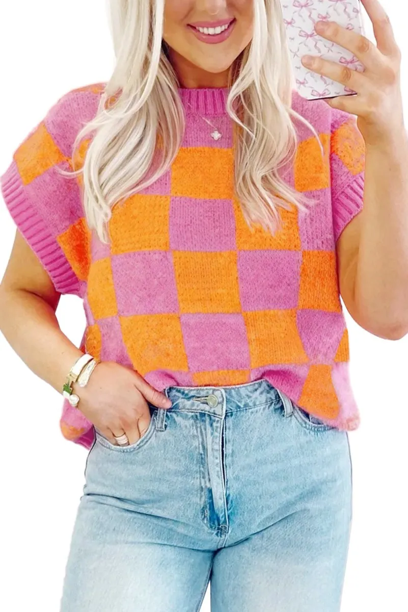 Pink and Orange Checkered Sweater Tank Top