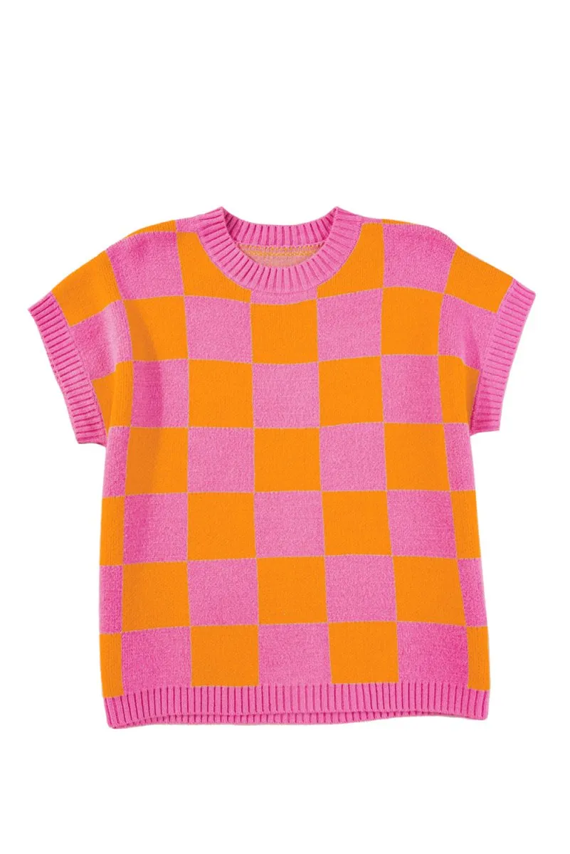 Pink and Orange Checkered Sweater Tank Top