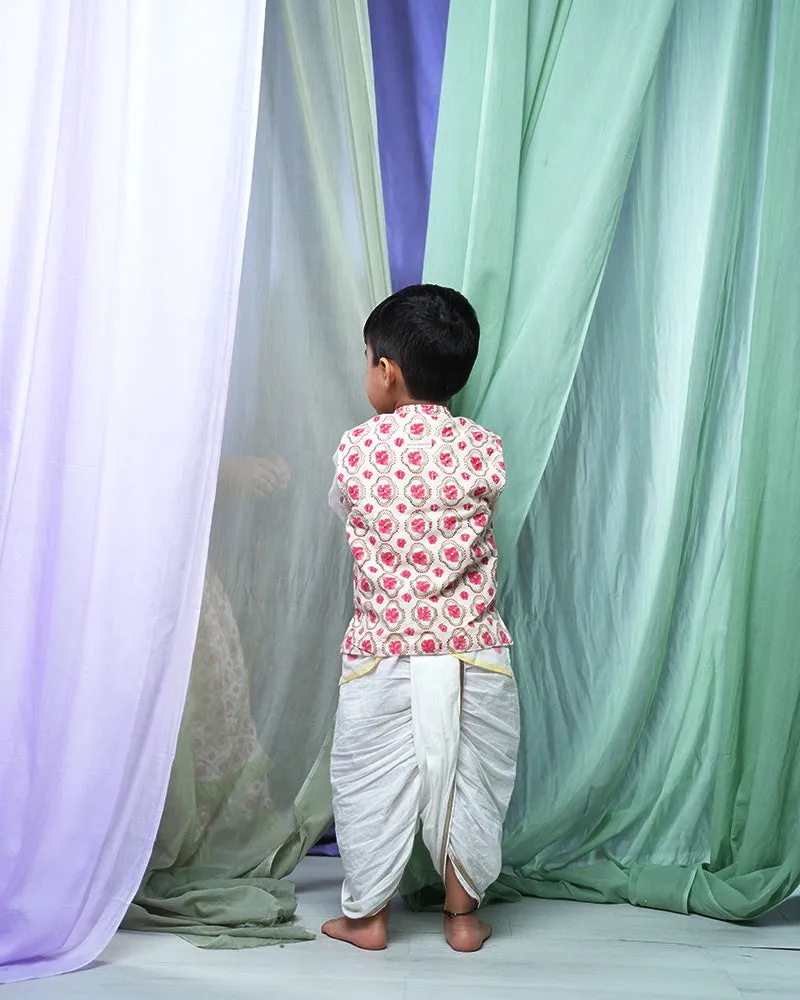 Rain Of Flowers Boys Ethnic Wear Bandi/ Nehru Jacket In Hand Block Print Cotton