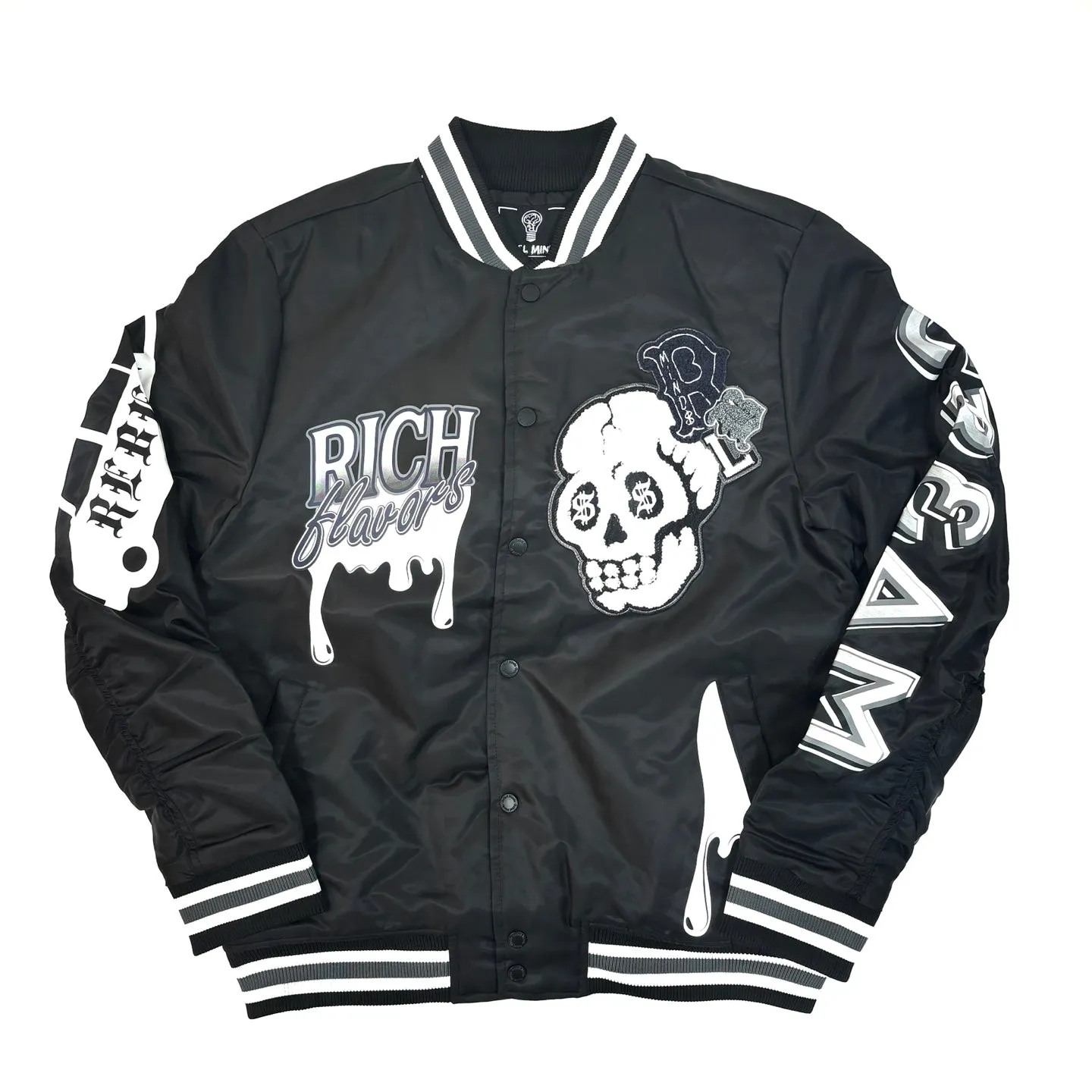 REBEL MINDS Rich Flavors Graphic Varsity Jacket