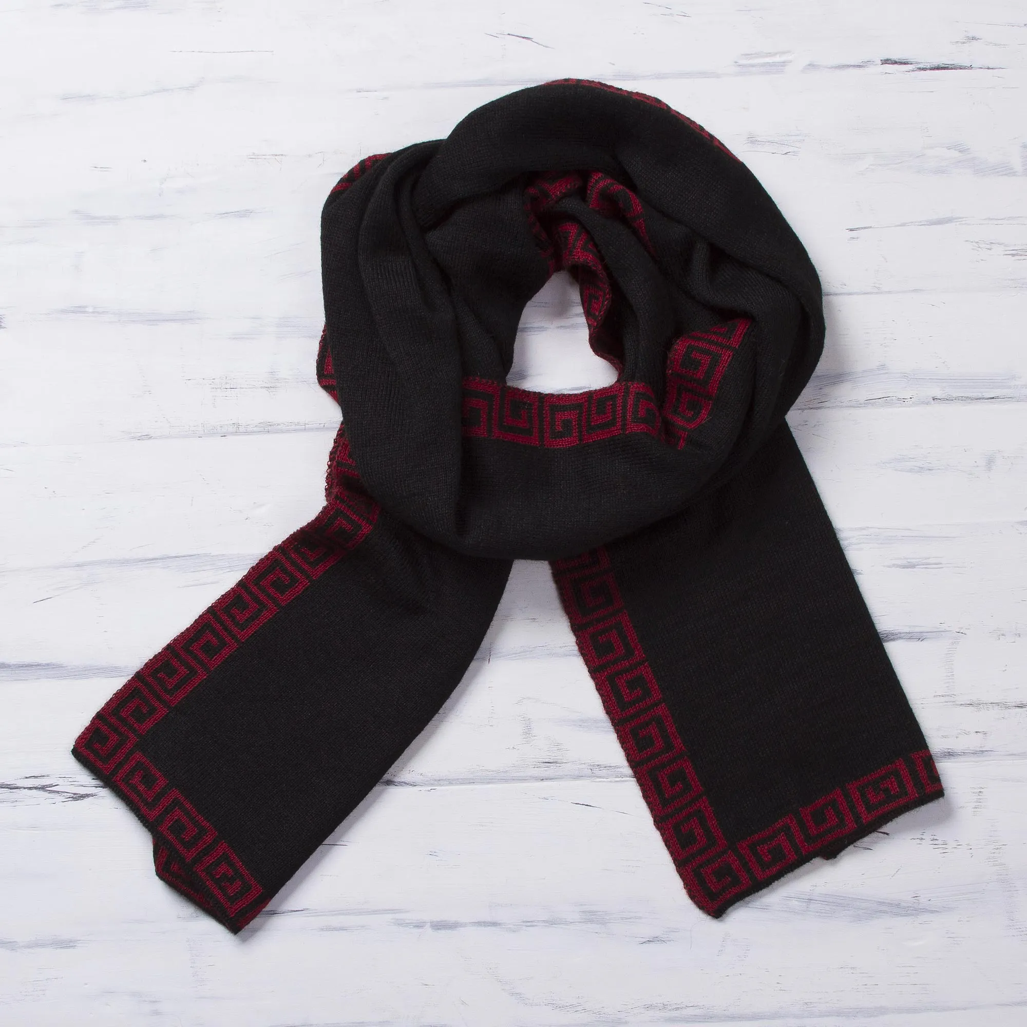 Red and Black Reversible Alpaca Blend Knit Scarf from Peru - Incan Muse | NOVICA