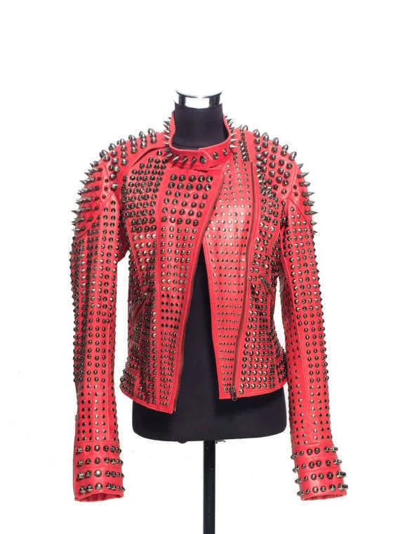 Red Studded Spiked Leather Jacket