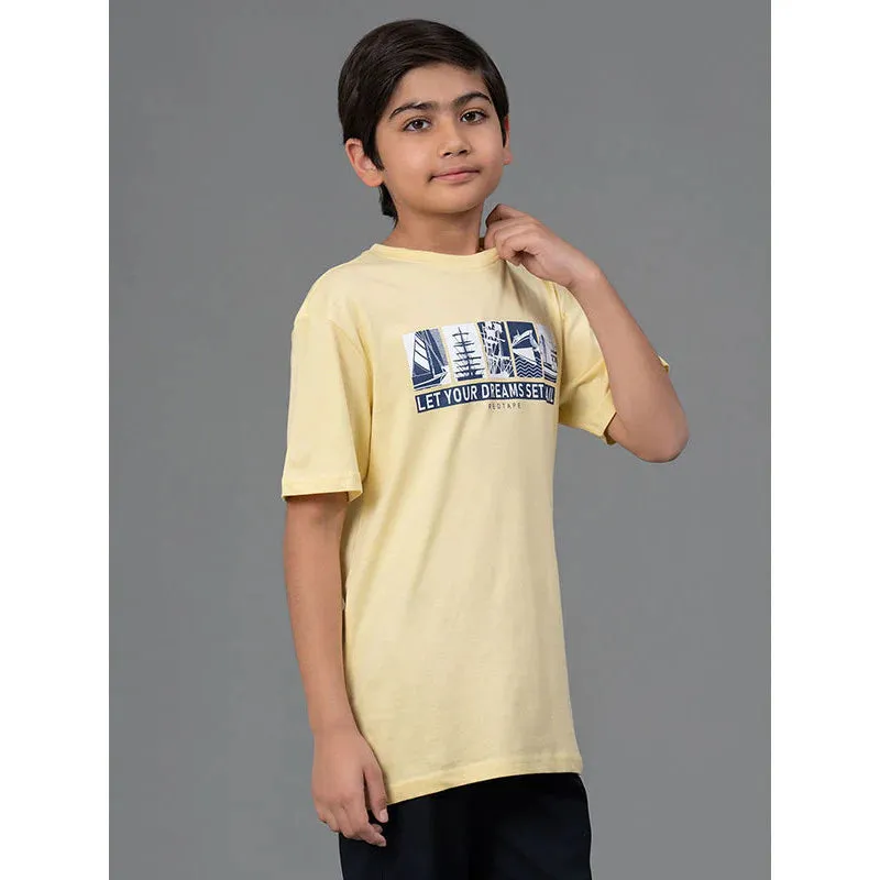 RedTape Kids Unisex T-Shirt- Best in Comfort and ease| Cotton| Light Yellow Colour | Round Neck| Casual look with chest print.